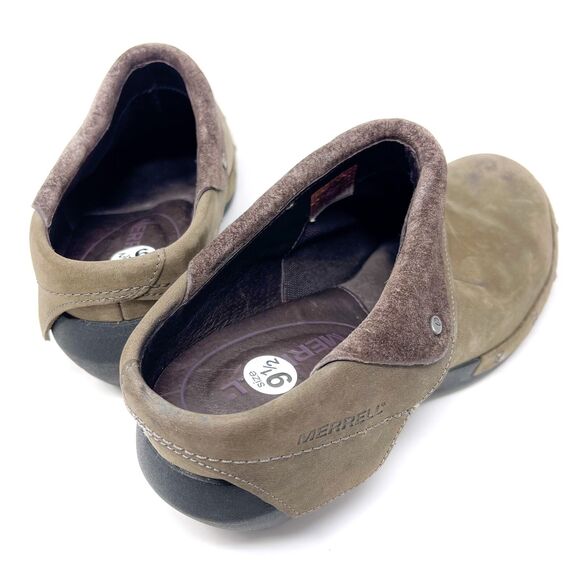 Merrell Luxe Wrap SlipOn Clogs Nubuck Leather Drizzle Brown Studded Shoes 9.5 - Picture 2 of 3